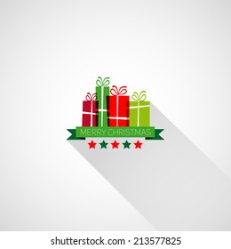 Merry Christmas and happy New Year retro stylized card with holiday gift boxes, vector illustration