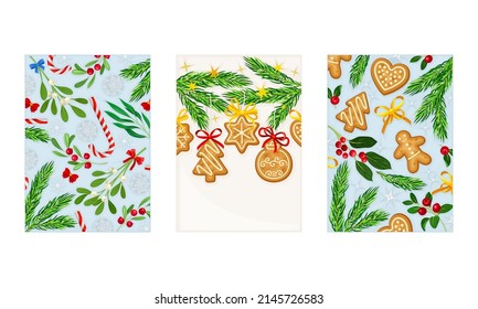 Merry Christmas and Happy New Year Holidays card templates with gingerbread cookies, candles, holly berries and leaves vector illustration