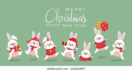 Merry Christmas and happy new year greeting card with cute bunny in winter costume. 2023 The year of rabbit. -Vector