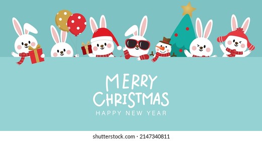 Merry Christmas and happy new year greeting card with cute bunny in winter costume. 2023 The year of rabbit. -Vector