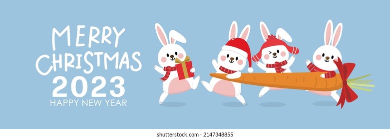 Merry Christmas and happy new year greeting card with cute bunny in winter costume and carrot. 2023 The year of rabbit. -Vector