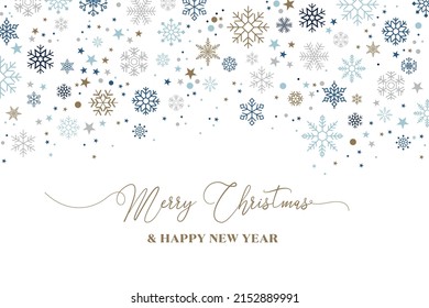 Merry Christmas and Happy New Year festive design card made of beautiful snowflakes in modern line art style. Winter background with falling snow. Xmas decoration. Vector illustration.