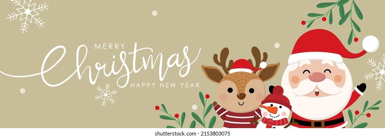 Merry Christmas and happy new year 2023 greeting card with cute Santa Claus, deer and snowman. Holiday cartoon character in winter season. -Vector.