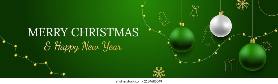 Merry Christmas and Happy New Year vector banner. Realistic rose gold and blue baubles, snowflakes hanging on dark blue background with realistic garland. Background with gold Christmas icon