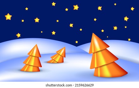 Merry Christmas and Happy New Year composition. Winter landscape with fallen forest and starry sky. Realistic 3D golden Christmas trees in the snowdrifts
