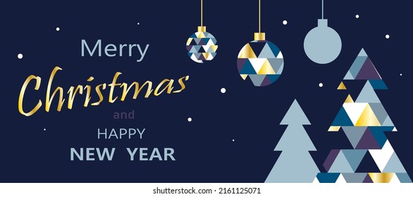 Merry Christmas and Happy New Year banner, greeting card, poster, holiday cover, header. Modern Christmas design in geometric style with a triangular pattern on a dark blue background.