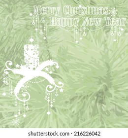 Merry Christmas and Happy New Year text on green trace spruce background. Vector illustration.