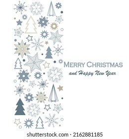 Feliz Navidad y Feliz Año Nuevo diseño festivo con un marco de hermosos copos de nieve al estilo del arte moderno. Fondo blanco. Decoraciones navideñas. Ilustración vectorial.