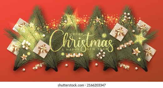 Merry Christmas and happy new year 2023 background. Realistic pine leaves for Christmas decoration on red background