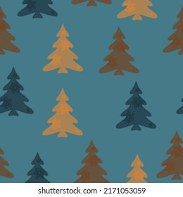 Merry Christmas, Happy New Year seamless pattern with Christmas trees for greeting cards, wrapping paper.  Doodles. Seamless colorful winter pattern on black background. Vector illustration.