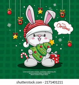 Merry Christmas And Happy New Year With Cute Little Rabbit Santa Clause Red Hat, Candy Cane, Gift Box And Christmas Tree. Season's Greetings. Vector Cartoon Illustration