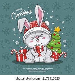 Merry Christmas And Happy New Year With Cute Little Rabbit Santa Claus Red Hat, Candy Cane, Gift Box And Christmas Tree. Season's Greetings Card. Vector Cartoon Illustration