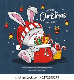 Merry Christmas And Happy New Year With Cute Little Rabbit Santa Claus Red Hat  Christmas Bag  Gift Box And Candy Cane  Season's Greeting Card  Vector Cartoon Illustration
