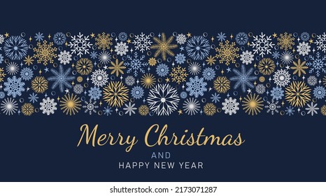 Merry Christmas and Happy New Year festive design. Winter Holidays border made of beautiful snowflakes in modern line art style on dark blue background. Xmas decoration with falling snow. Vector 