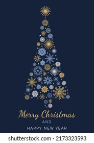 Merry Christmas and Happy New Year festive design for greeting cards. New year tree made of beautiful snowflakes in modern line art style on dark blue background. Xmas decoration. Vector illustration
