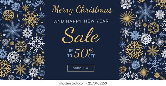Merry Christmas and Happy New Year SALE banner template. Winter Holidays design made of beautiful snowflakes in modern line art style on dark blue background. Xmas decoration with falling snow. Vecto