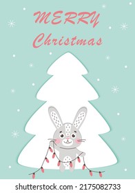 Merry Christmas and Happy New Year card with cute rabbits Hare symbol of 2023 year. New year mascot. Cute vetor flat animal character.