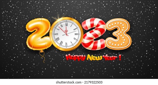 Merry Christmas and Happy New Year 2023. Creative greeting with digits 2023 made of golden foil balloon, vintage clock, gingerbread and candy cane. Snowfall on the background. Vector illustration