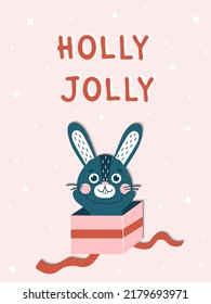 Merry Christmas and Happy New Year card with cute rabbits Hare symbol of 2023 year. New year mascot. Cute vetor flat animal character.