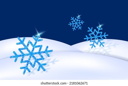Merry Christmas and Happy New Year composition. Realistic blue snowflake. Festive design with realistic 3D objects