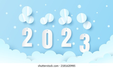Merry Christmas and Happy new year. Balloon shape snow with number 2023 on sky background. Vector illustration