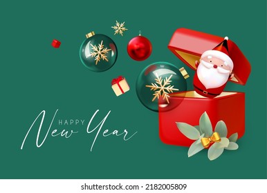 Merry Christmas and Happy New Year celebration with 3D Santa Claus character, red gift box and glossy glass balls with snowflakes.