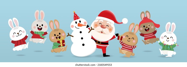 Merry Christmas and happy new year 2023 greeting card with cute Santa Claus,  snowman, rabbit and bunny. Holiday cartoon character in winter season. -Vector