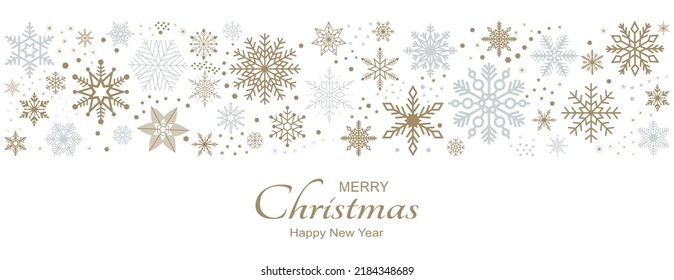 Merry Christmas and Happy New year vector greeting.Gold and silver ornaments.
With black and gold snowflakes and stars. White Background.