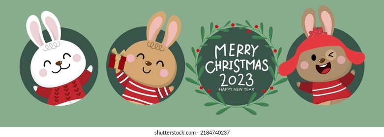 Merry Christmas and happy new year 2023 greeting card with rabbit and bunny in winter costumes. Holiday cartoon character. -Vector