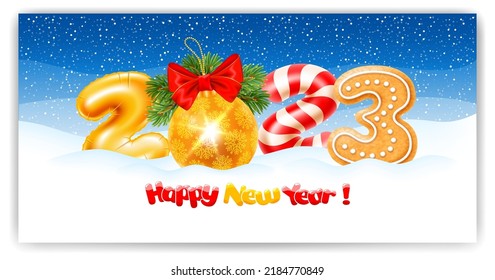 Merry Christmas and Happy New Year 2023. Greeting with digits 2023 made of golden foil balloon, christmas ball, gingerbread and candy cane in the snow. Snowy landscape on the background. Vector