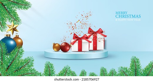 merry christmas and happy new year background design template, and card design and poster and banner.include gift boxes and christmas balls and star and christmas tree branches.
