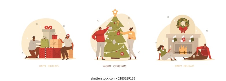 Merry Christmas and Happy New Year illustration set. Holiday scenes with people characters decorating Christmas tree, packing gifts boxes and preparing to holidays. Vector illustration.