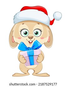 Merry Christmas and Happy New Year. Rabbit cartoon character. Funny bunny with gift box
