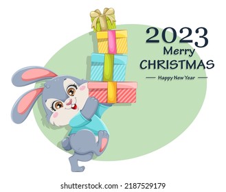 Merry Christmas and Happy New Year greeting card. Rabbit cartoon character. Funny bunny with gift boxes. 