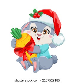 Merry Christmas and Happy New Year. Cute Rabbit cartoon character. Funny bunny. 2023 - year of the Rabbit.