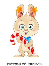 Merry Christmas and Happy New Year. Rabbit cartoon character. Funny bunny with candy cane