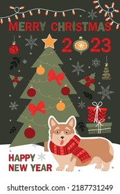 Merry Christmas and Happy New Year card with corgi dog with different winter elements. Cute hand drawn illustration.