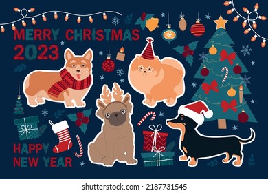 Merry Christmas and Happy New Year 2023. Set of cute stickers with dogs and Christmas elements. Modern flat illustration.