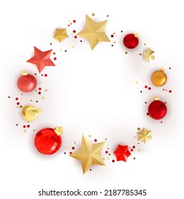 Merry Christmas and Happy New Year. Festive xmas background with 3D realistic golden and red bauble balls and metal christmas stars. Vector decorative top view holiday design illustration.