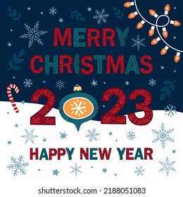Merry Christmas and Happy New Year 2023 card with different winter elements. Cute hand drawn illustration.