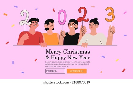 Merry Christmas and happy new year banner, flyer, web page with people have fun and celebrate winter holidays together. Corporate christmas party with smiling company office team or employees.