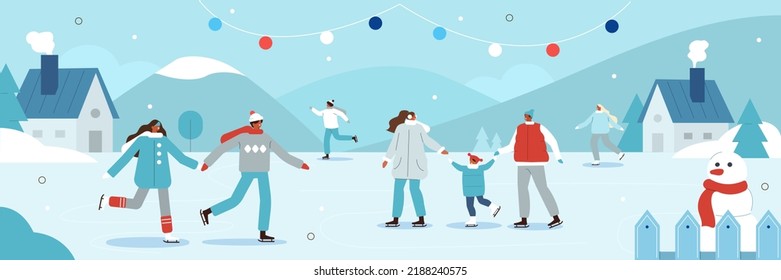 Merry Christmas and Happy New Year. Holiday scene with people characters skating on outdoor ice rink together. Vector illustration.
