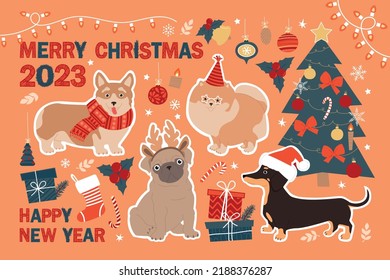Merry Christmas and Happy New Year 2023. Set of cute stickers with dogs and Christmas elements. Modern flat illustration.