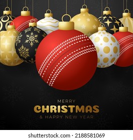 Merry Christmas and Happy New Year luxury Sports greeting card. Cricket ball as a Christmas ball on black background. Vector illustration..