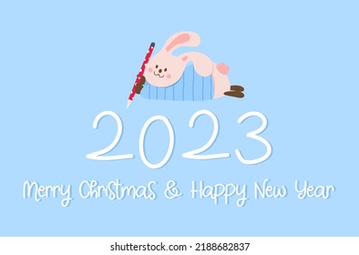 Merry Christmas and happy new year greeting card, year of rabbit greeting  card vector design , festive season postcard design, cute pink rabbit character vector, Happy new year 2023 vector.