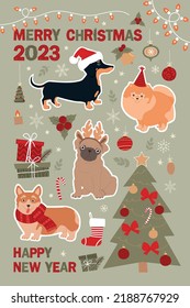 Merry Christmas and Happy New Year 2023. Set of cute stickers with dogs and Christmas elements. Modern flat illustration.