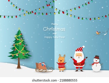 Merry Christmas and Happy new year greeting card with Santa Claus and friends happy on winter night background,vector illustration
