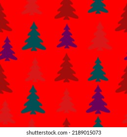 Merry Christmas, Happy New Year seamless pattern with Christmas trees for greeting cards, wrapping paper. Seamless christmas pattern with christmas trees, bows, snowflakes on colored background
