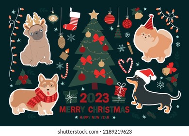 Merry Christmas and Happy New Year 2023. Set of cute stickers with dogs and Christmas elements. Modern flat illustration.