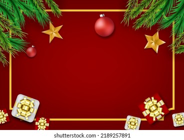 Merry Christmas and Happy New Year background. Decorated with pine leaves with gift boxes and golden stars. Vector illustration.top view,top-down,flat lay.copy space.